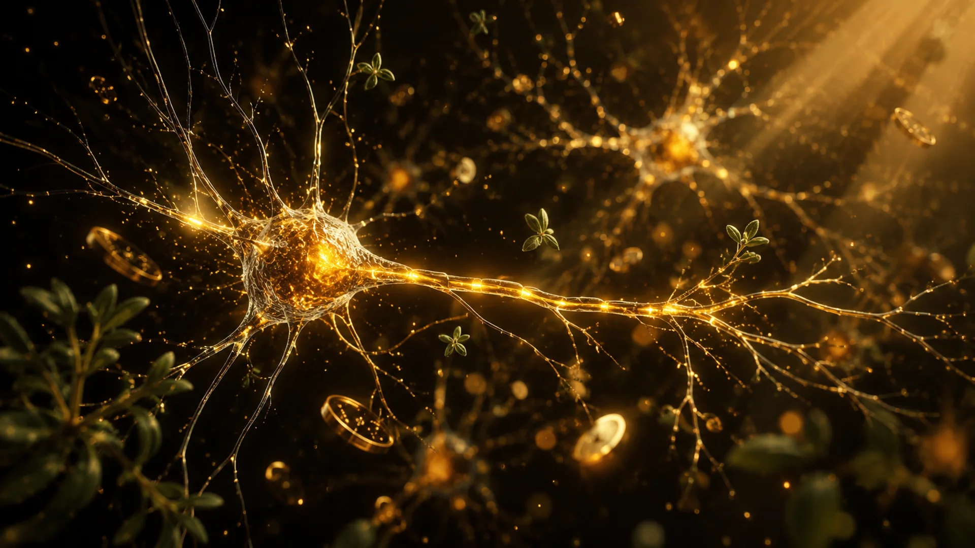 Golden neural network representing the science of brain optimization and wealth manifestation